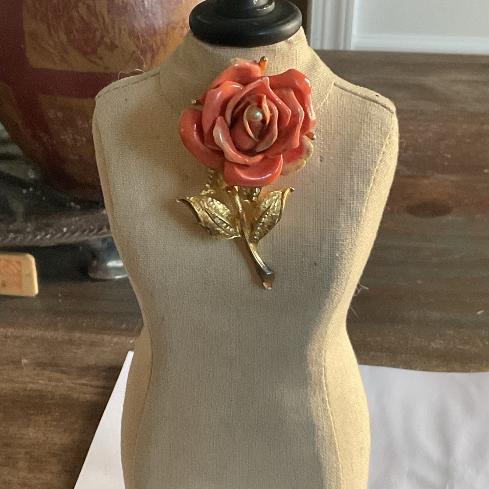 Elegant Gold and Coral with a Pearl Rose Brooch
